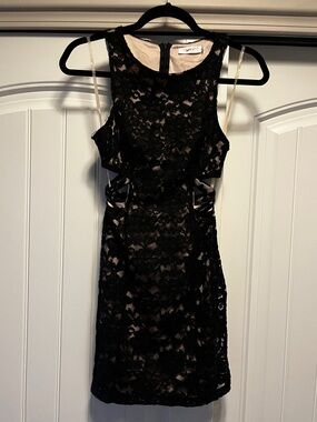 LUSH Black Lace Open Sides with Criss Cross Pattern Sexy Mini Dress Sz Small